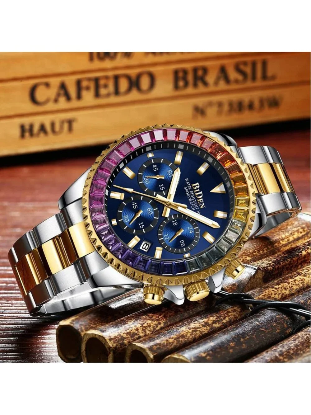 Men's Silver Gold Blue Luxury Stainless Steel Analog Chronograph Classic Watch